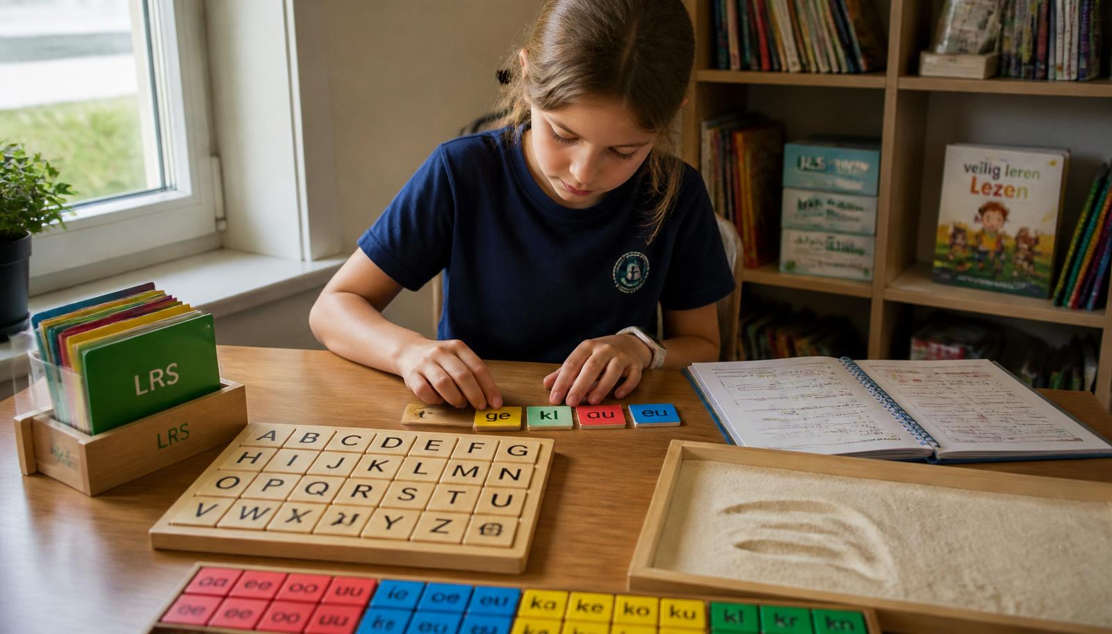 Kind arbeitet konzentriert mit bunten Buchstaben- und Silben-Materialien am Schreibtisch