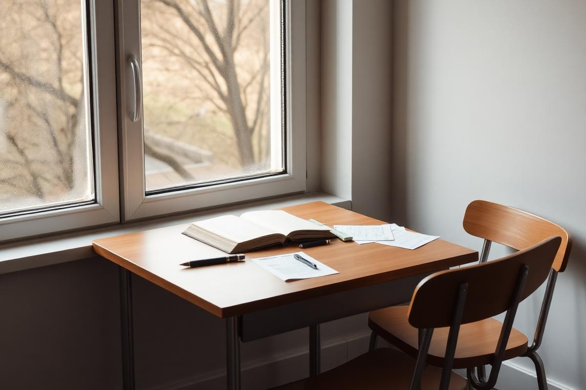 Aufgeräumter Schreibtisch mit Heft, Stift und Lernkarten am Fenster