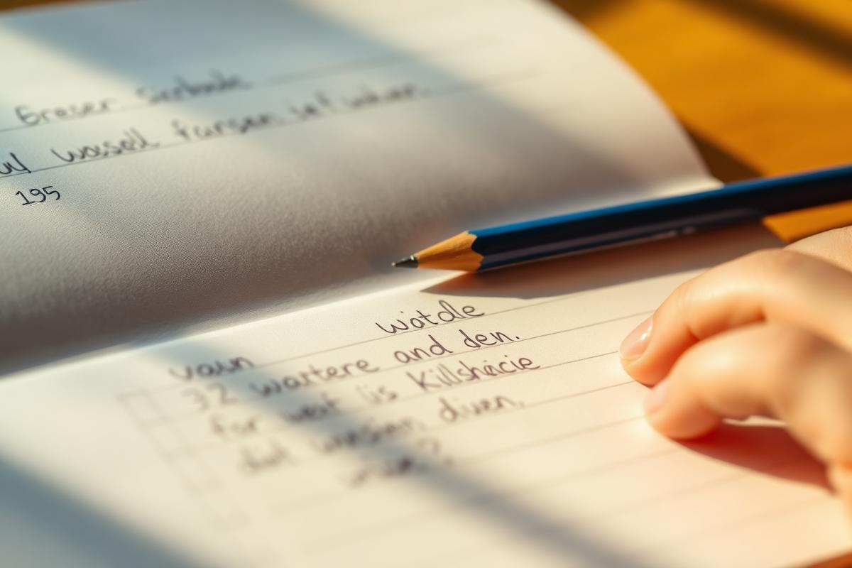 Schulheft mit Handschrift eines Grundschulkindes und Bleistift auf einem Tisch