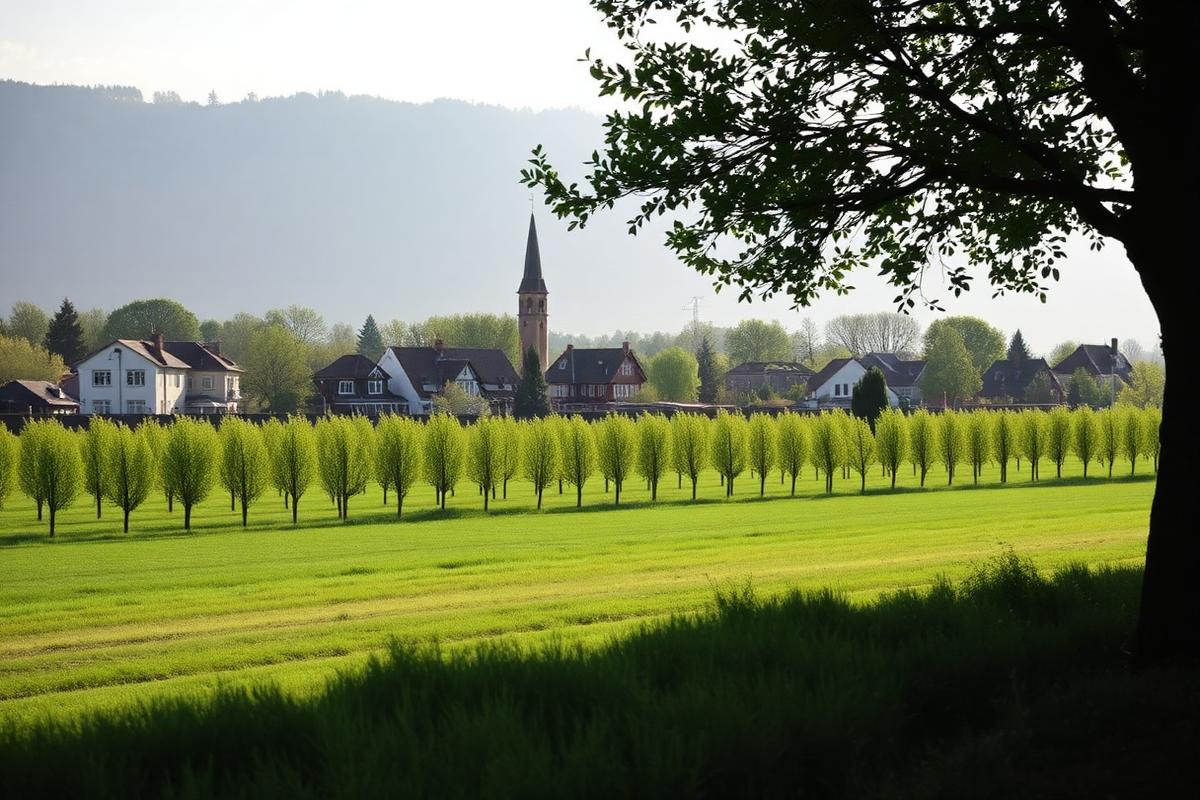 Ortsansicht einer Gemeinde im Rhein-Neckar-Kreis mit Feldern im Vordergrund