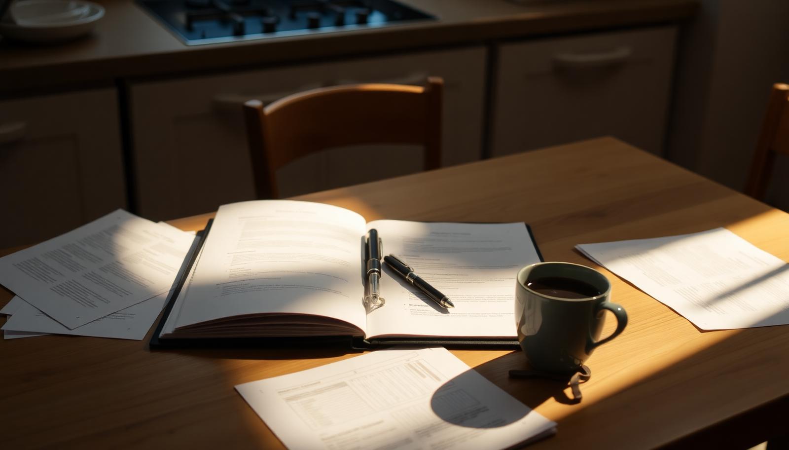 Küchentisch mit geöffnetem Ordner, Formularen und Stift im Morgenlicht