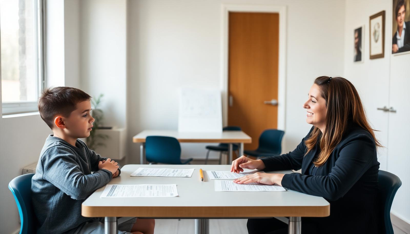 Kind und Fachperson an einem Tisch mit Testunterlagen während einer Lernstandserhebung