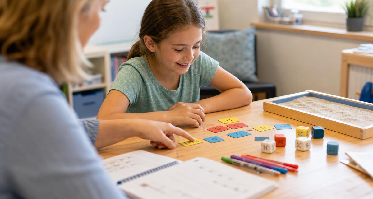 Kind und Fachperson an einem Tisch mit Testunterlagen während einer Lernstandserhebung